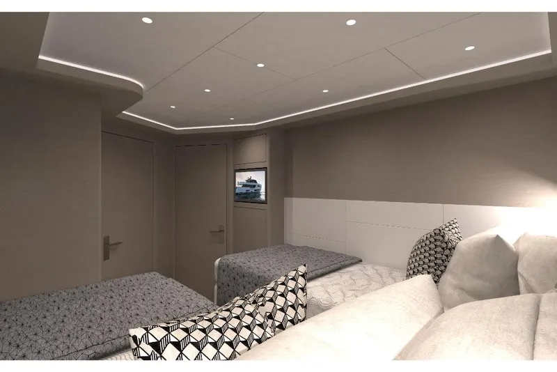 Slide: The Image of Modern bedroom interior on 2023 Ocean Alexander 30R yacht with twin beds and stylish decor. - 21