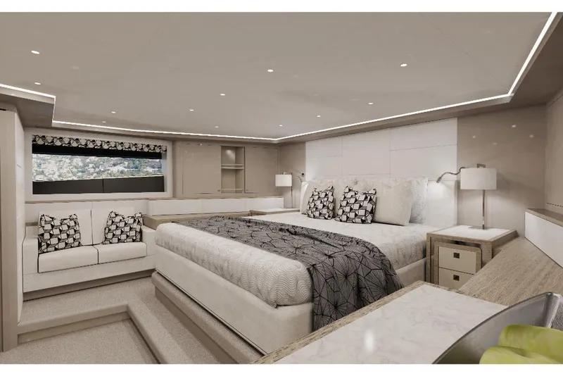 Slide: The Image of Luxurious master bedroom on the 2023 Ocean Alexander 30R yacht. - 22