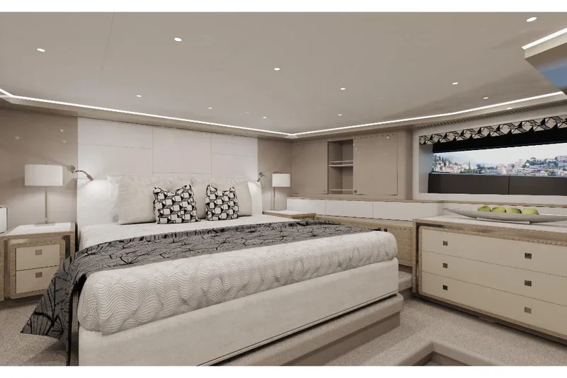 Slide: The Image of Luxurious master bedroom on the 2023 Ocean Alexander 30R yacht. - 23