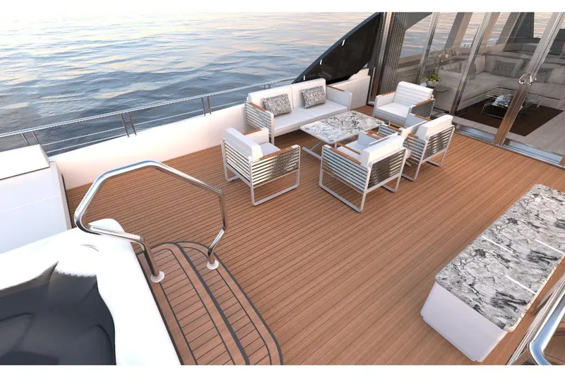 Slide: The Image of Luxury deck of 2023 Ocean Alexander 30R yacht with modern seating and ocean view. - 7