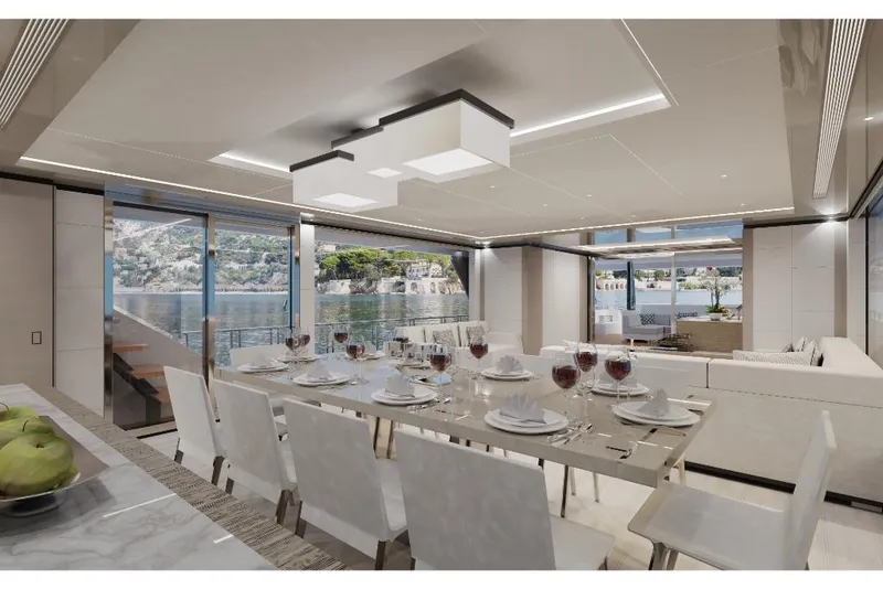 Slide: The Image of Luxurious dining area on the 2023 Ocean Alexander 30R yacht with scenic ocean views. - 9