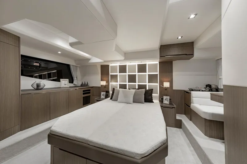 Slide: The Image of Luxurious bedroom interior of 2023 Galeon 470 Sky yacht with modern design. - 30