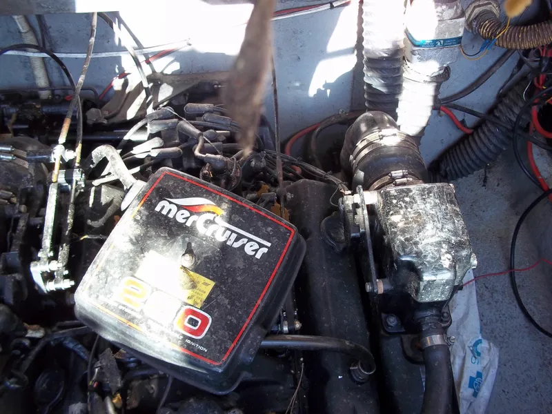 Slide: The Image of 1984 Sea Ray SRV 260 Sundancer engine compartment with MerCruiser 260 engine. - 22