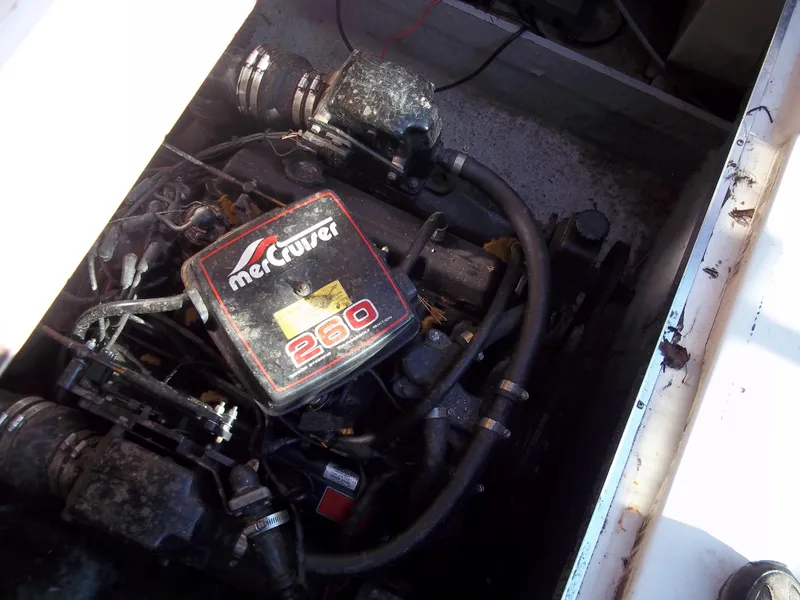 Slide: The Image of 1984 Sea Ray SRV 260 Sundancer MerCruiser 260 engine in boat compartment. - 23