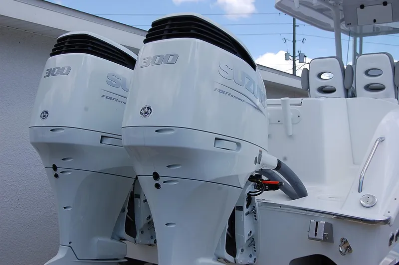 Slide: The Image of 2025 Cape Horn 32 XS boat with twin 300 horsepower engines. - 21