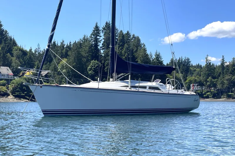The Image of Sailboat on calm water, C&C 110 model, 2004, with forested shoreline background. - 0