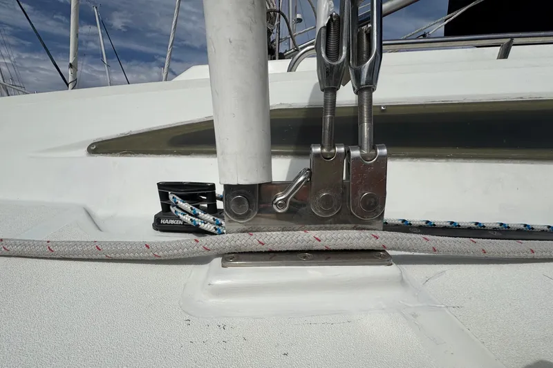 Slide: The Image of Close-up of C&C 110 sailboat rigging and deck hardware, 2004 model. - 13