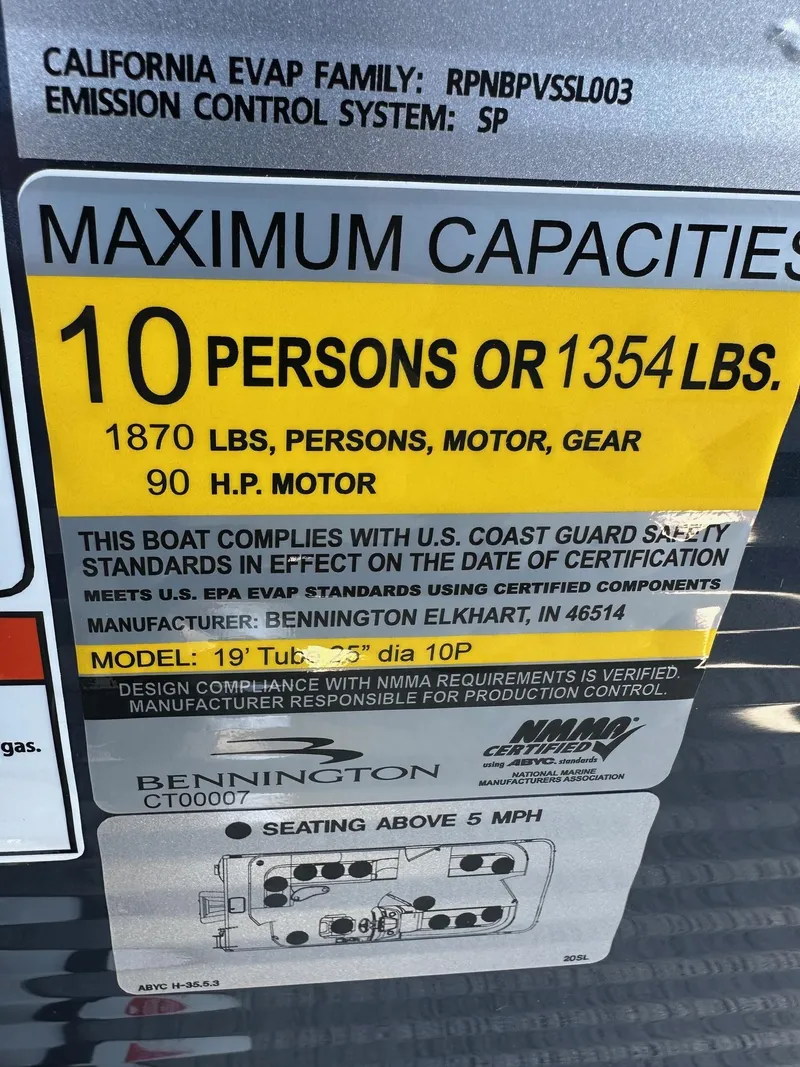 Slide: The Image of 2025 Bennington 20 SL Family boat capacity label, 10 persons or 1354 lbs, 90 HP motor. - 32