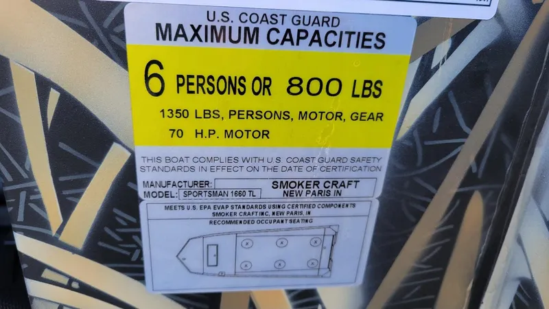 Slide: The Image of 2025 Smoker Craft Sportsman 1660 capacity label, 6 persons, 1350 lbs, 70 HP motor. - 5
