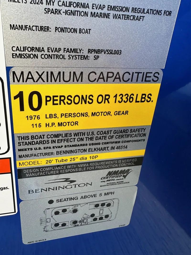 Slide: The Image of 2025 Bennington 21 SSR Quad Bench capacity label, 10 persons or 1336 lbs, 115 HP motor. - 23