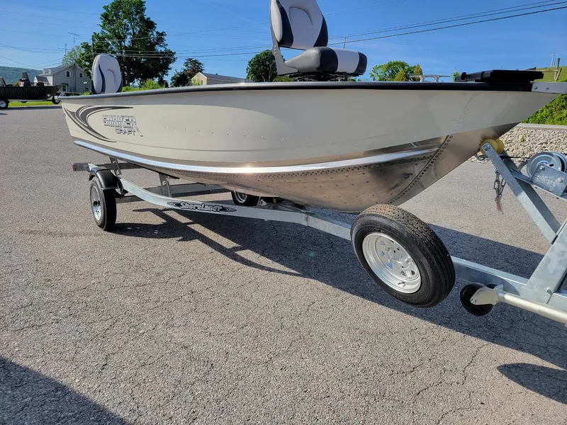 Slide: The Image of 2025 Smoker Craft 16' Angler Patriot Tiller fishing boat on trailer, in stock. - 10