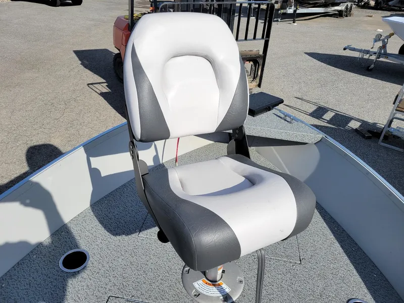 Slide: The Image of 2025 Smoker Craft 16' Angler Patriot Tiller fishing boat seat, gray and white design. - 7
