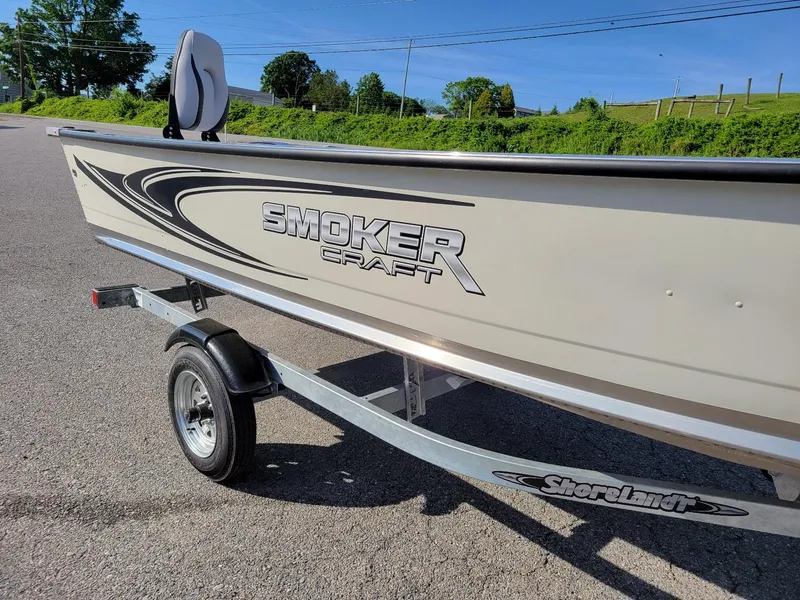 Slide: The Image of 2025 Smoker Craft 16' Angler Patriot Tiller fishing boat on trailer, in stock. - 9