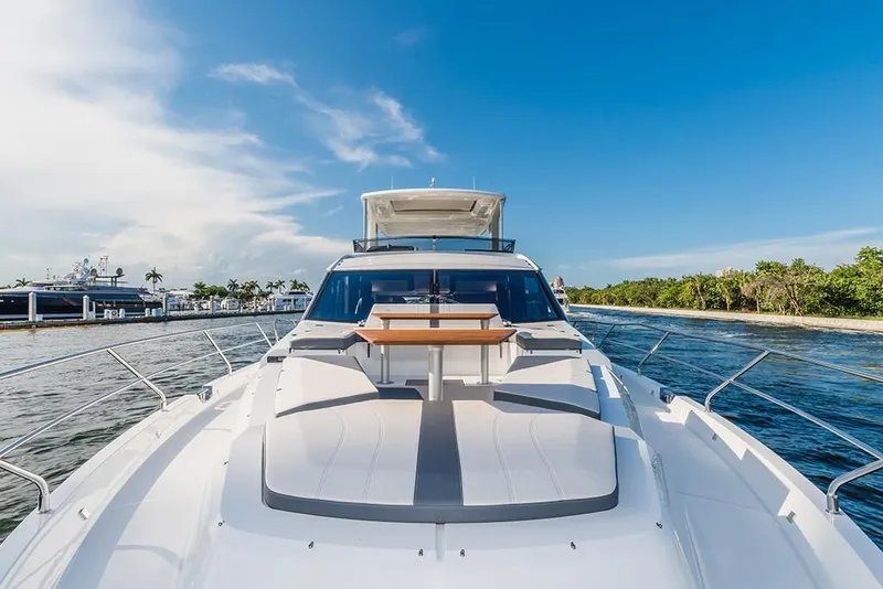 Slide: The Image of 2023 Galeon 680 Fly yacht cruising on a sunny day. - 19