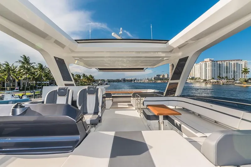 Slide: The Image of Luxurious 2023 Galeon 680 Fly yacht with spacious deck and waterfront view. - 30