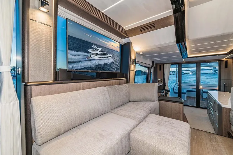 Slide: The Image of Luxurious interior of the 2023 Galeon 680 Fly yacht with modern furnishings. - 41