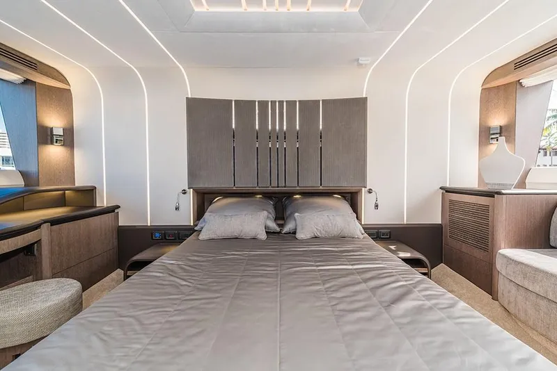Slide: The Image of Luxurious bedroom interior of 2023 Galeon 680 Fly yacht with modern design. - 46