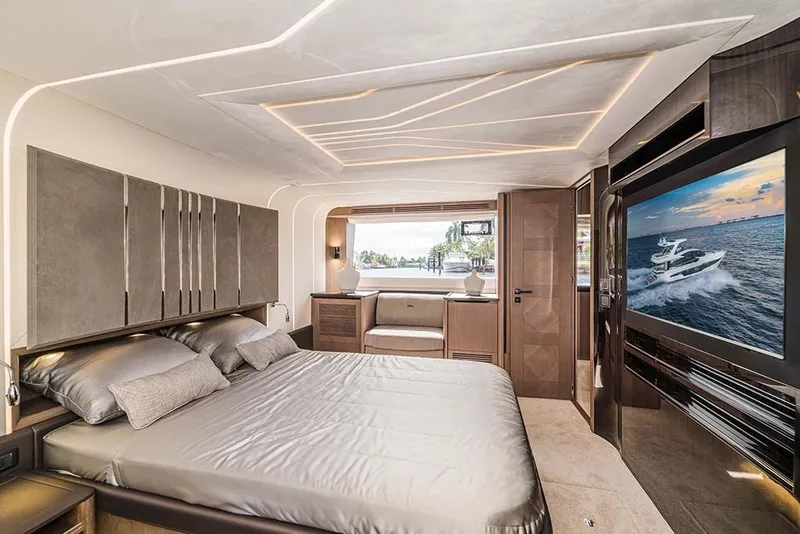 Slide: The Image of Luxurious bedroom interior of 2023 Galeon 680 Fly yacht with modern design and large TV. - 47