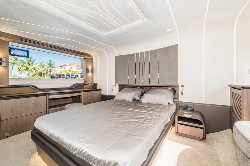 Slide: The Image of Luxurious bedroom interior of 2023 Galeon 680 Fly yacht with modern design. - 49