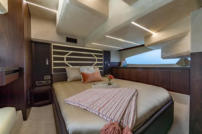 Slide: The Image of Luxurious bedroom interior of 2023 Galeon 425 HTS yacht with modern design. - 19