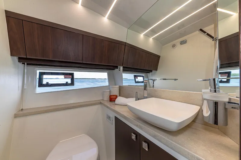 Slide: The Image of Modern bathroom interior of 2023 Galeon 425 HTS yacht with sleek fixtures and ocean view. - 23
