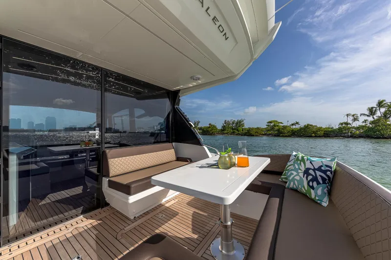 Slide: The Image of Luxury deck of 2023 Galeon 425 HTS yacht with seating and table. - 5