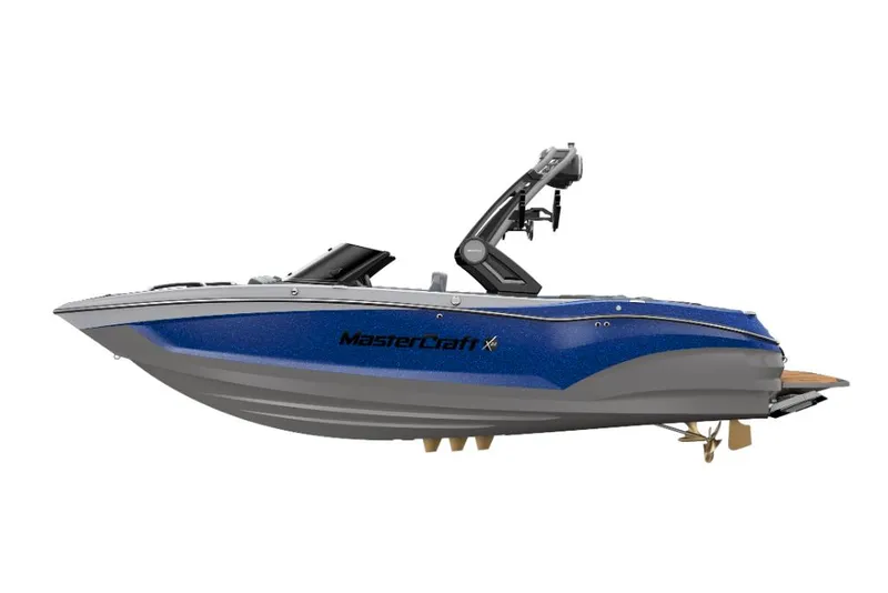 Slide: The Image of 2023 MasterCraft X22 boat, side view, blue and gray design. - 18