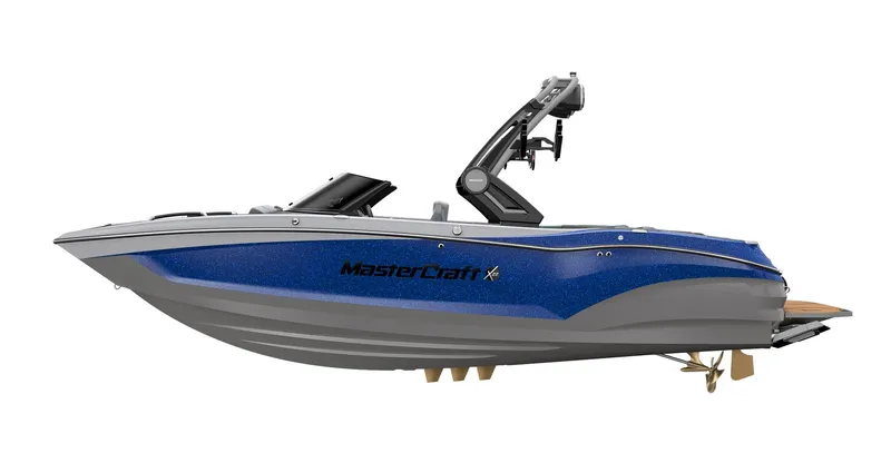 Slide: The Image of 2023 MasterCraft X22 boat, blue and gray, side view. - 19