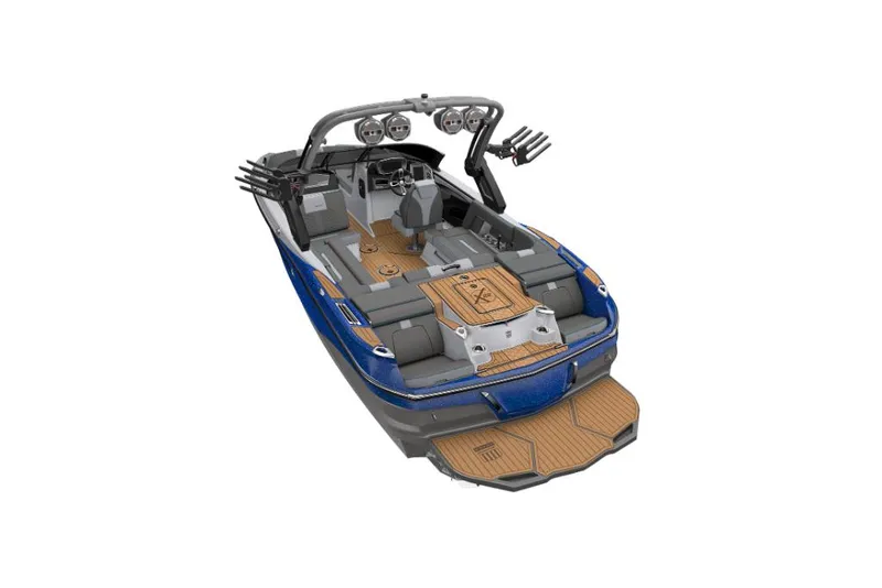 Slide: The Image of 2023 MasterCraft X22 boat, rear view, blue and gray, luxury interior. - 20
