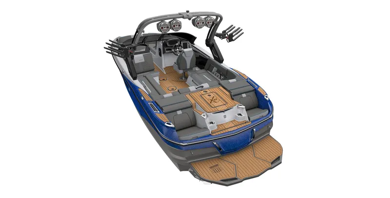 Slide: The Image of 2023 MasterCraft X22 boat with blue exterior and spacious interior. - 21