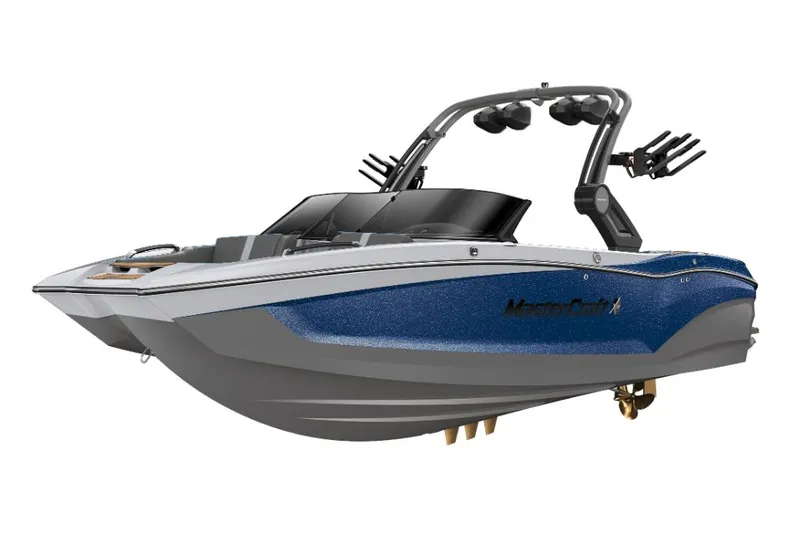 Slide: The Image of 2023 MasterCraft X22 boat with blue and gray exterior. - 22