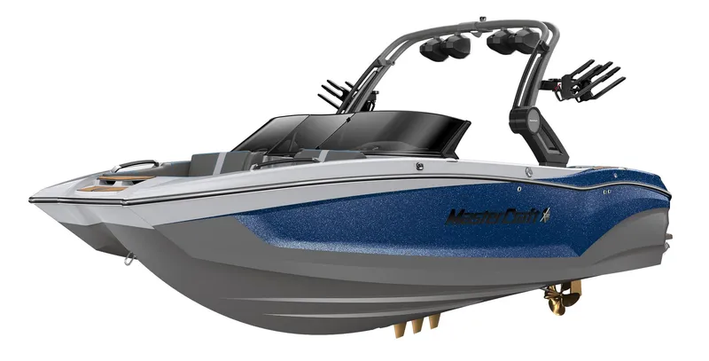 Slide: The Image of 2023 MasterCraft X22 boat with blue and gray exterior. - 23