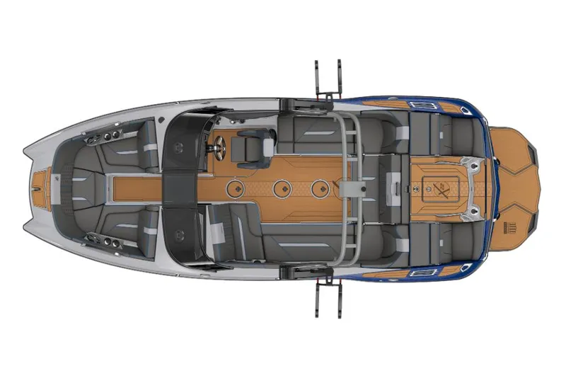 Slide: The Image of 2023 MasterCraft X22 boat interior, top view, showcasing seating and deck layout. - 24