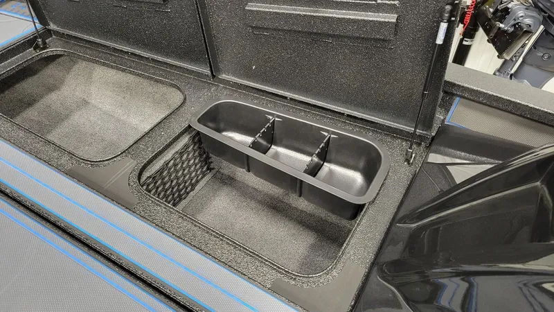 Slide: The Image of Open storage compartments in 2025 Xpress X21 Pro Bass boat with Yamaha Vmax 250. - 17