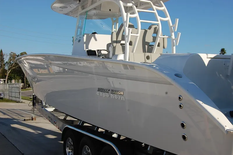 Slide: The Image of 2025 Cape Horn 36 XS boat on trailer, side view. - 3