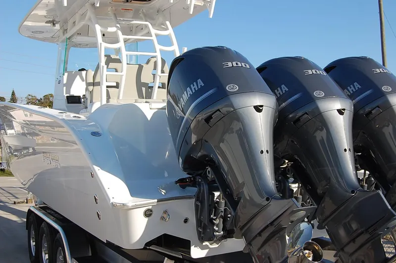 Slide: The Image of 2025 Cape Horn 36 XS boat with triple Yamaha 300 outboard engines. - 9