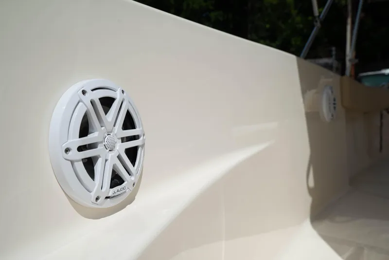Slide: The Image of Close-up of JL Audio speaker on 2025 Scout 195 Sportfish boat. - 12