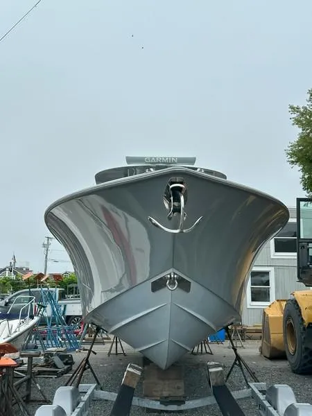 Slide: The Image of 2021 SeaVee 370z boat on trailer, front view, with Garmin equipment. - 19