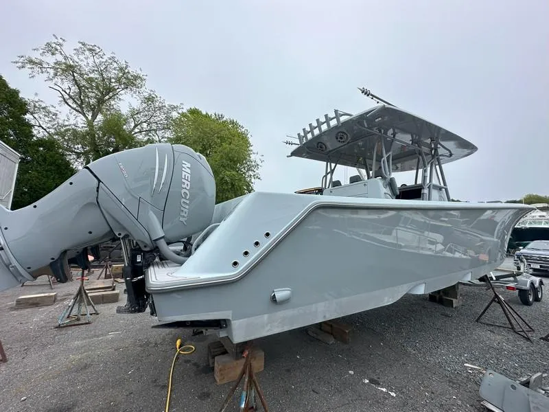 Slide: The Image of 2021 SeaVee 370z boat with Mercury outboard engine on dry dock. - 20