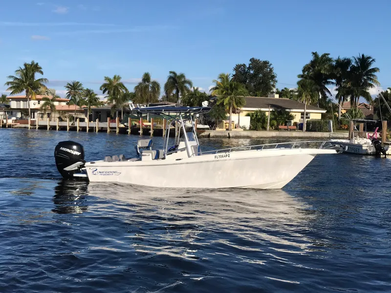 The Image of 2016 Renegade 25 Center Console on calm water with palm trees. - 1