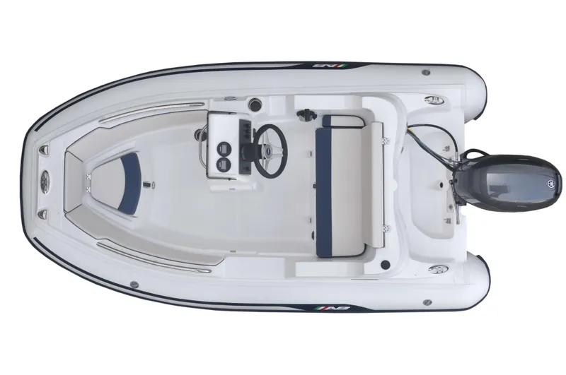 Slide: The Image of 2023 AB Inflatables 11 DLX boat, top view, white with blue seating and outboard motor. - 2