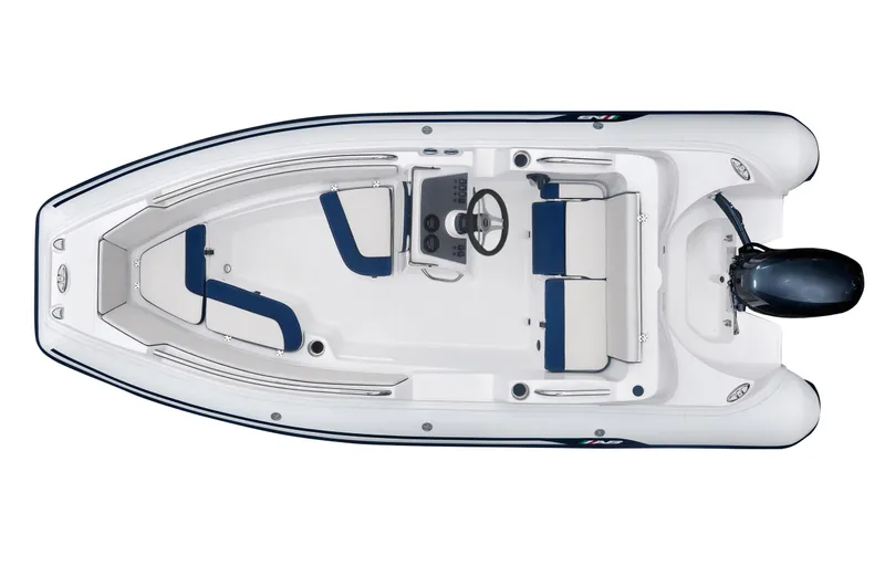 Slide: The Image of 2024 AB Inflatables 15 DLX boat, top view, white with blue seating. - 10