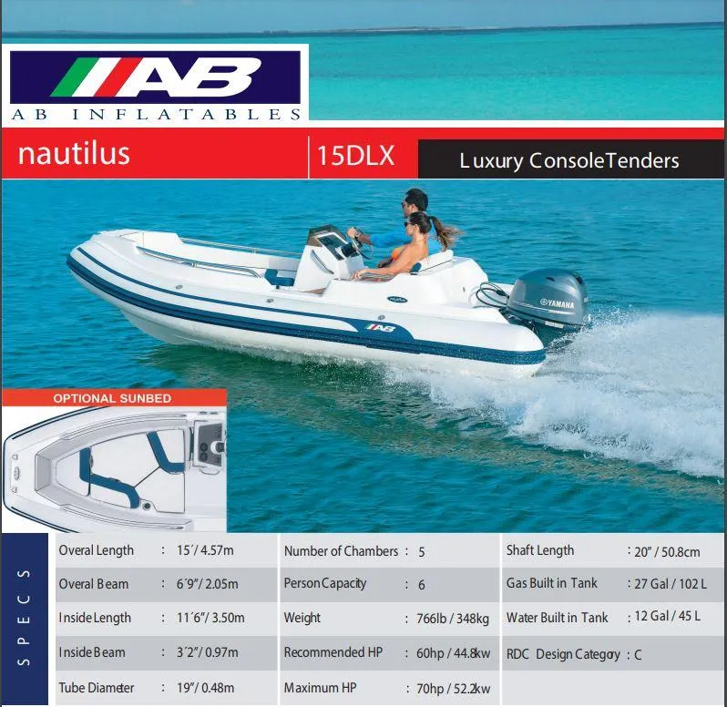 Slide: The Image of 2024 AB Inflatables 15 DLX luxury console tender on turquoise water. - 12
