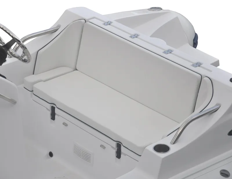 Slide: The Image of 2024 AB Inflatables 17 DLX boat seating area with white cushioned bench. - 4