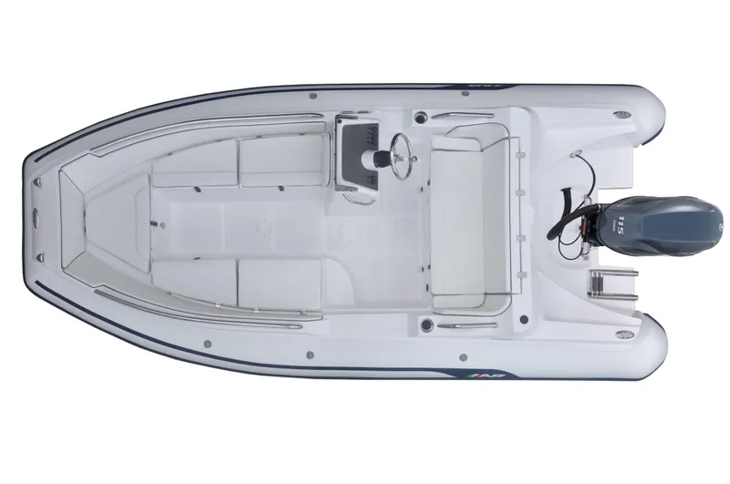 Slide: The Image of 2024 AB Inflatables 17 DLX boat, top view, white with seating and outboard motor. - 7