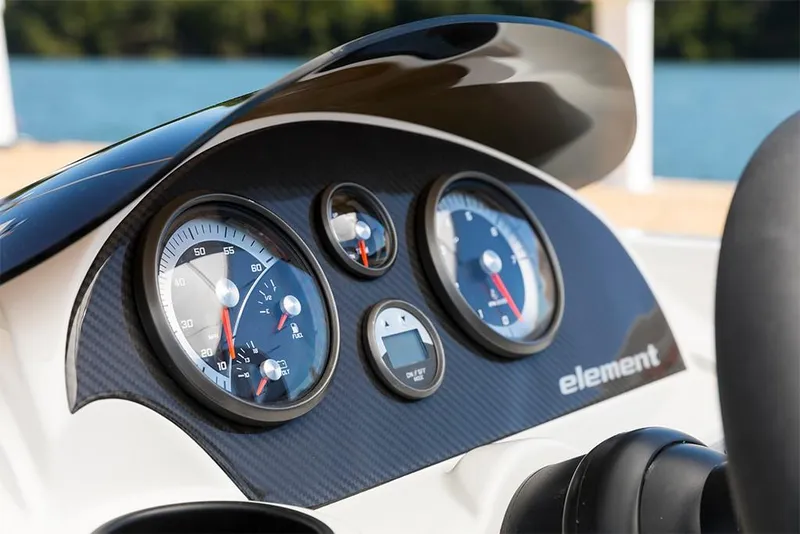 Slide: The Image of 2023 Bayliner Element E21 dashboard with speedometer and gauges. - 23