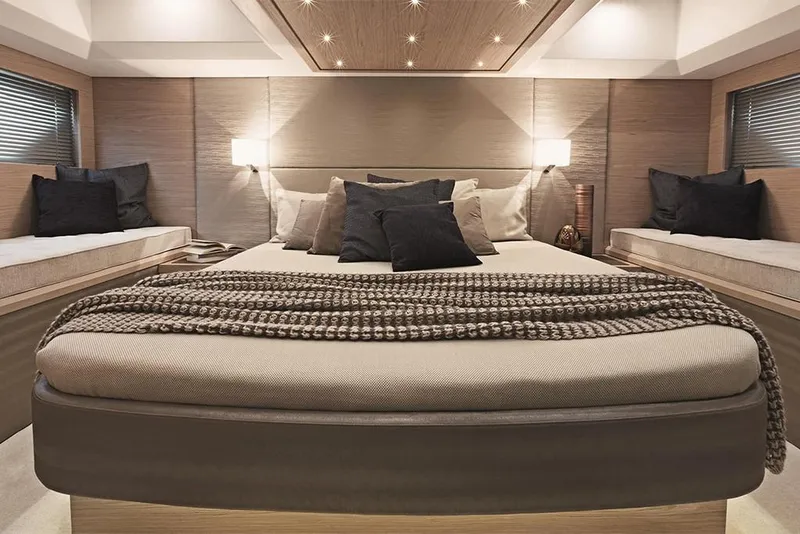 Slide: The Image of Luxurious bedroom interior of 2021 Beneteau Gran Turismo 50 Sportfly yacht. - 17