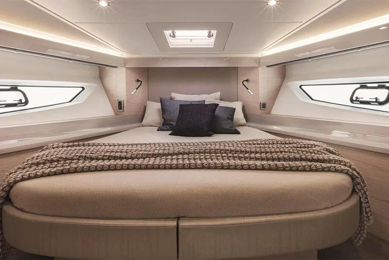 Slide: The Image of Luxurious bedroom interior of 2021 Beneteau Gran Turismo 50 Sportfly yacht. - 18