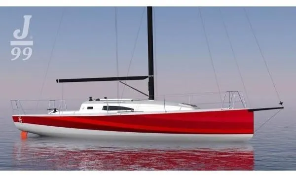 Slide: The Image of 2024 J Boats J/99 sailboat with sleek red hull on calm water. - 24