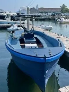 Slide: The Image of 2018 Lekker Damsko 750 Open boat docked in a marina, featuring sleek blue design. - 5